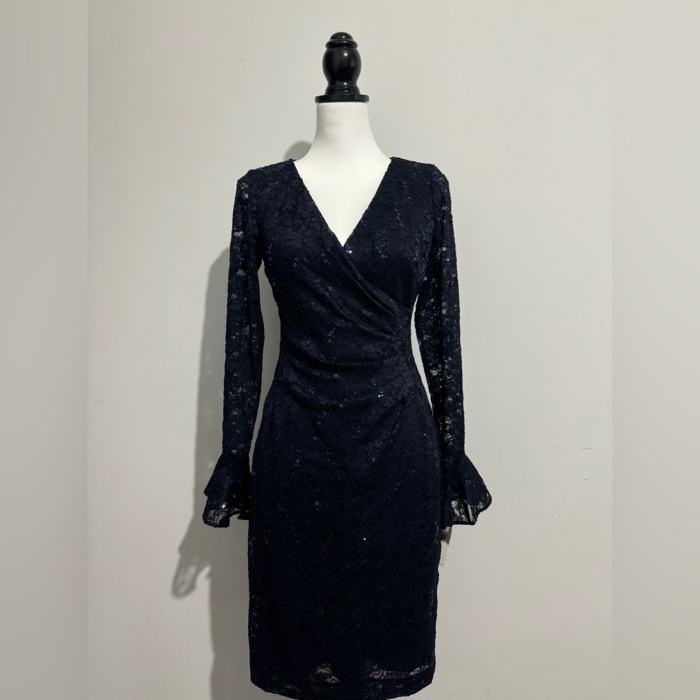 NWT LAUREN RALPH LAUREN BLUE SEQUIN LONG SLEEVE LACE DRESS SIZE 2